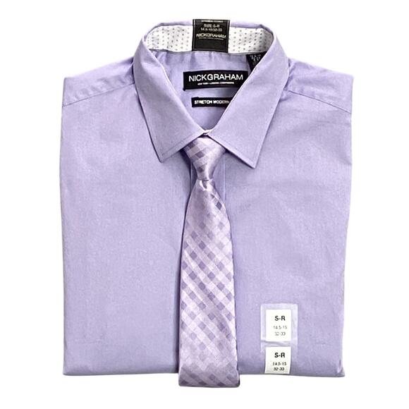 Nick Graham Other - Nick Graham Shirt Men's Small 14.5-15 32/33 Shirt & Tie Lavender Modern Fit NEW